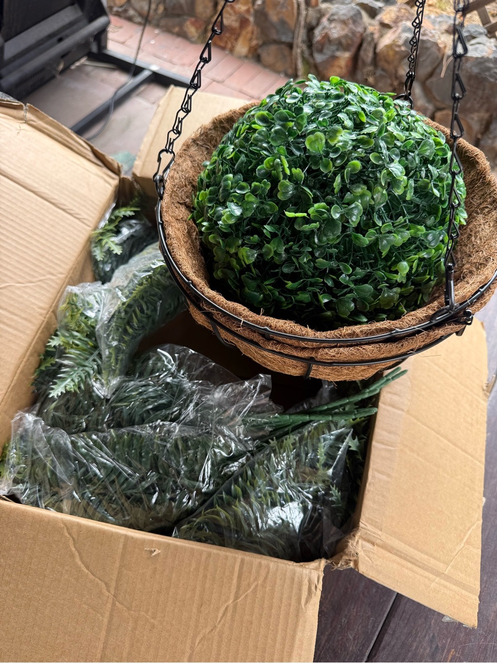 Artificial Boxwood Ball Hanging Basket Green Hanging Leaves, 10in